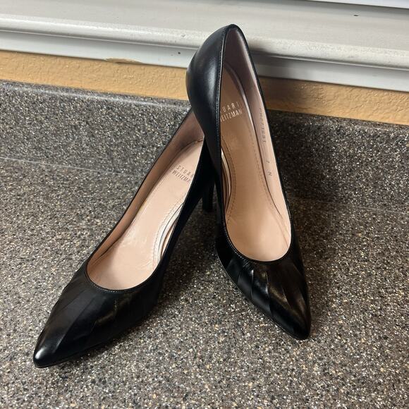 Stuart Weitzman Womens Size 7N Mid Heels Pump Shoes Black Ruched Leather Slip On - Picture 2 of 11